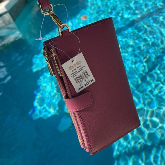 Michael Kors Jet Set Travel Large Double Zip Wristlet Wallet Rosewood Leather - Picture 4 of 16